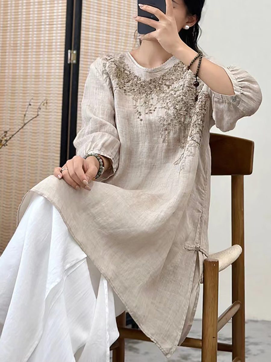 Women Summer Floral Embroidery Ramie Loose Shirt XX1036