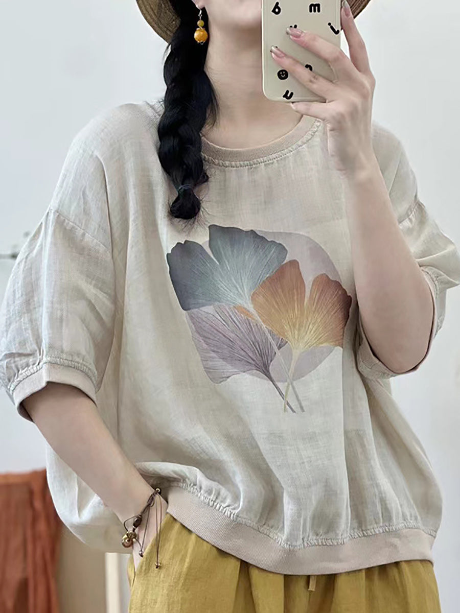 Women Summer Leaf Ramie Thin Pullover Shirt XX1039