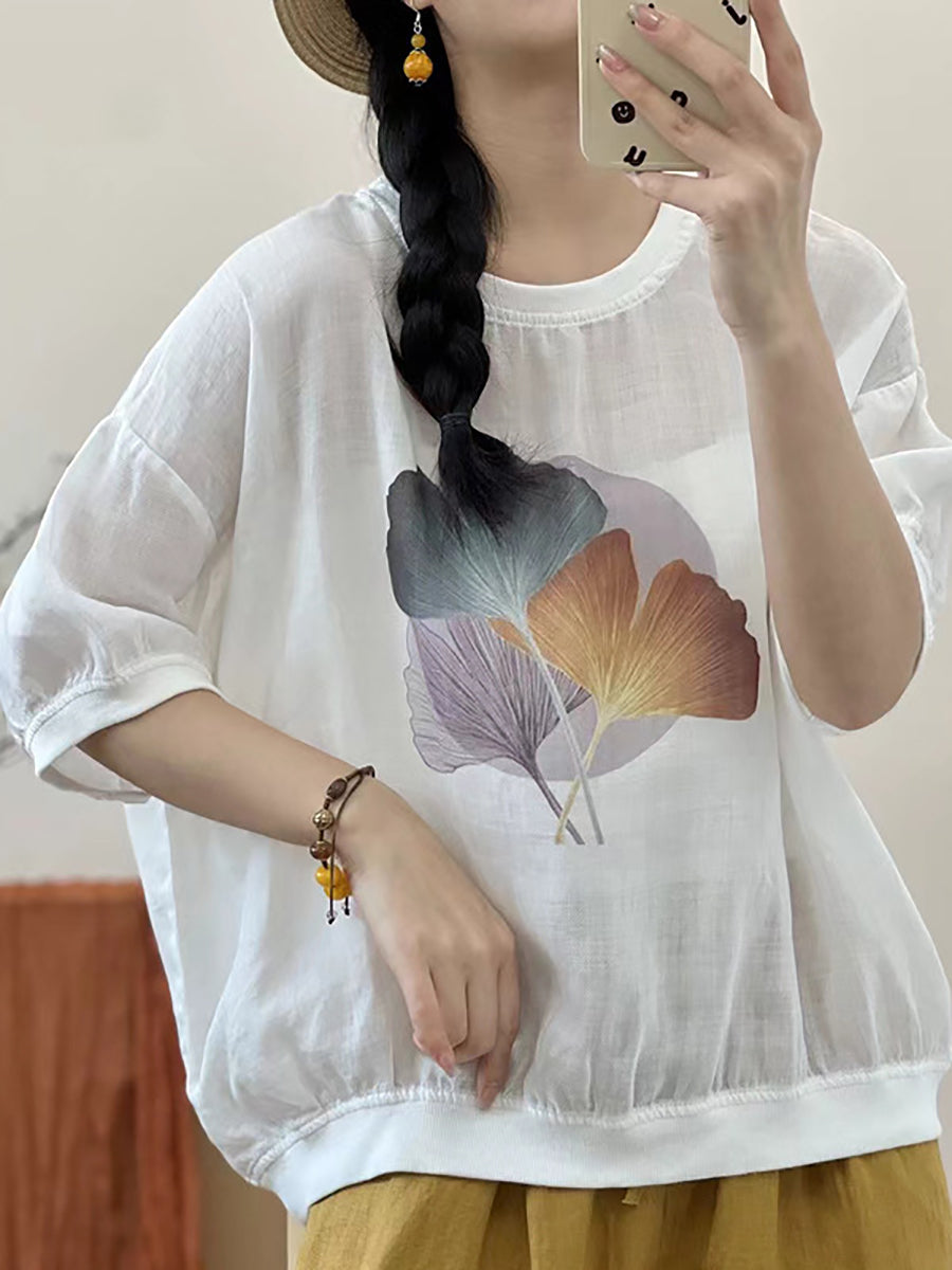 Women Summer Leaf Ramie Thin Pullover Shirt XX1039