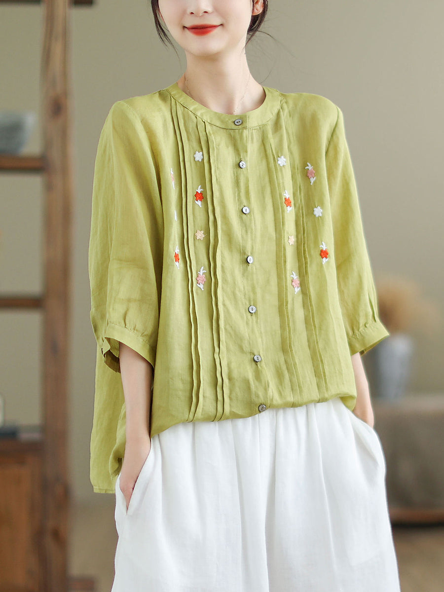 Women Summer Artsy Floral Embroidery Ramie Shirt XX1043