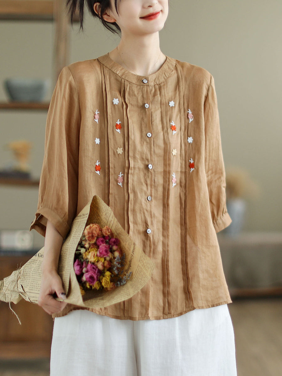 Women Summer Artsy Floral Embroidery Ramie Shirt XX1043