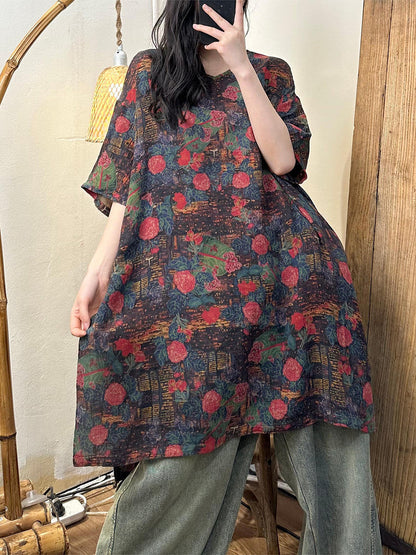 Plus Size Women Summer Retro Flower Cotton Dress XX1061