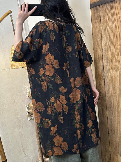 Plus Size Women Summer Retro Flower Cotton Dress XX1061