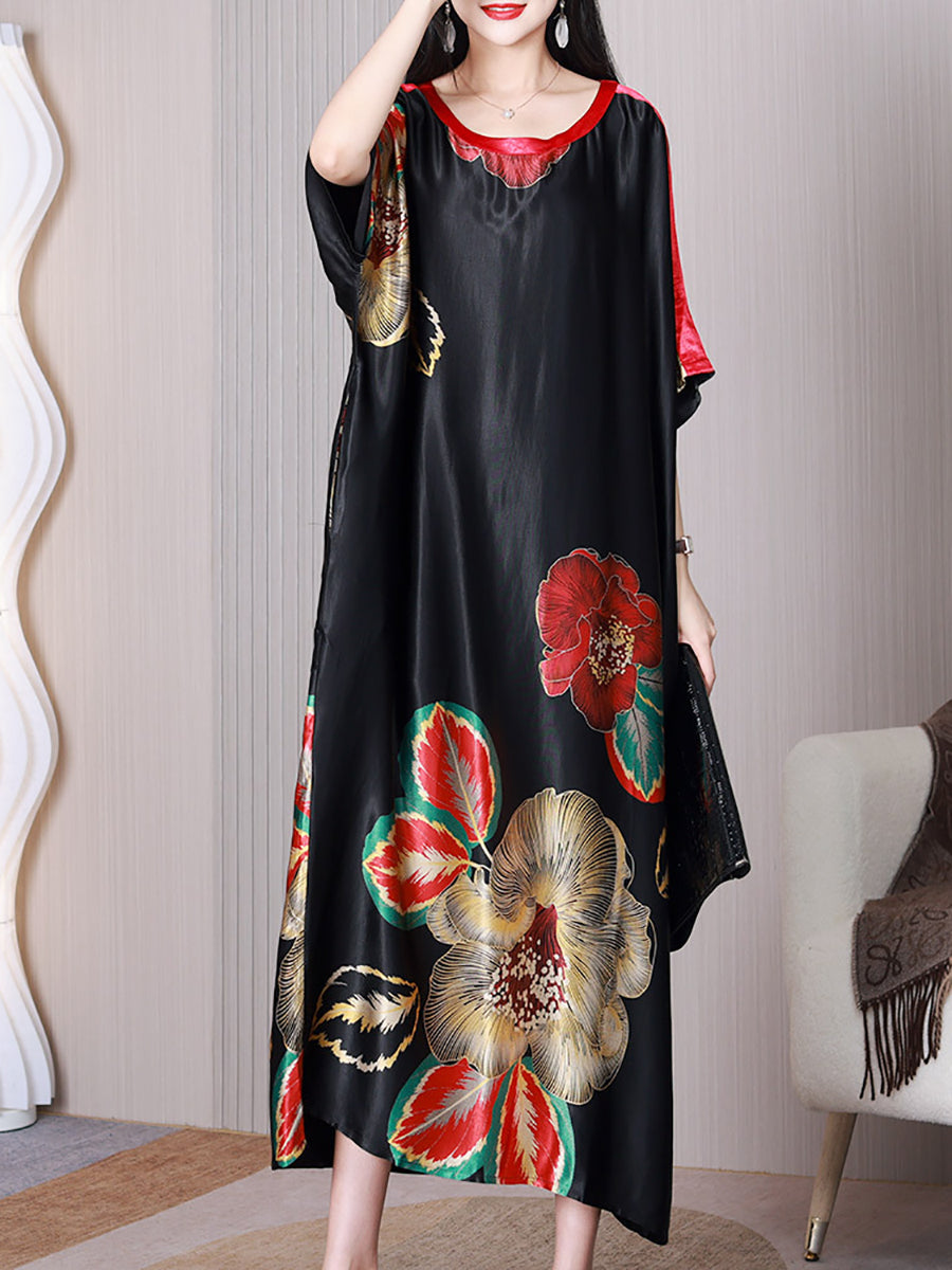 Women Summer Elegant Flower Silk Loose Dress XX1003