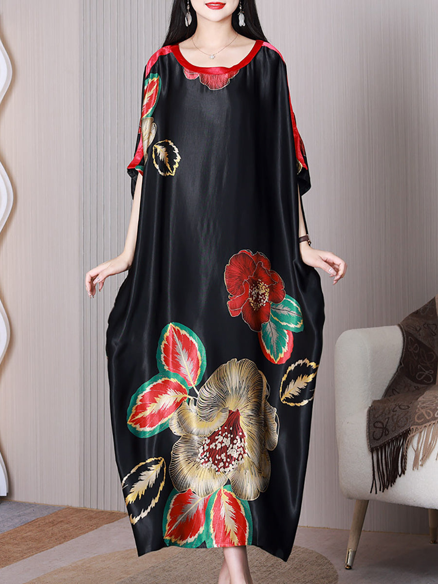 Women Summer Elegant Flower Silk Loose Dress XX1003