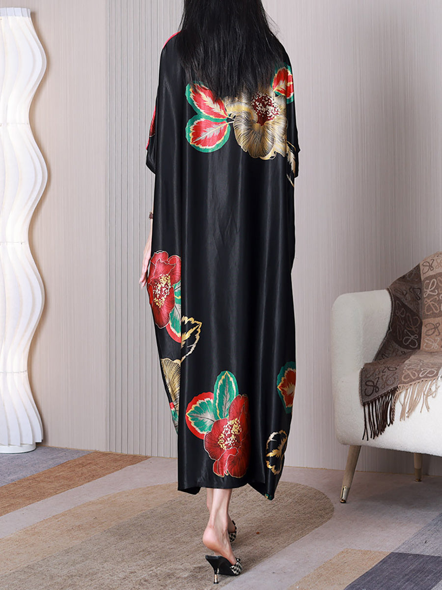 Women Summer Elegant Flower Silk Loose Dress XX1003