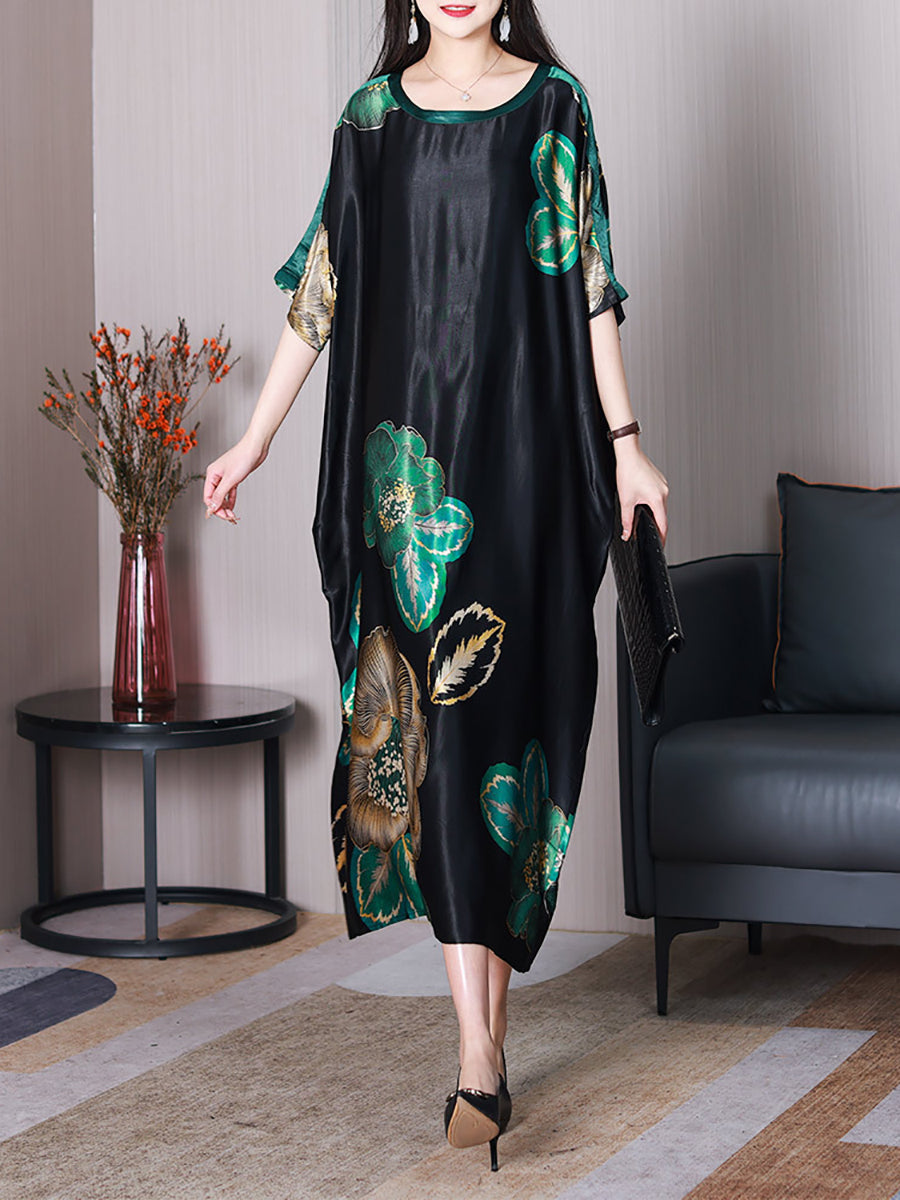 Women Summer Elegant Flower Silk Loose Dress XX1003