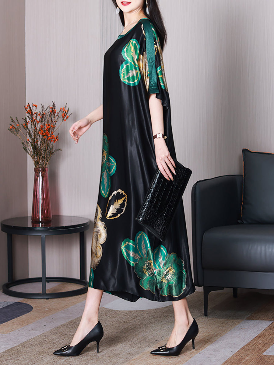 Women Summer Elegant Flower Silk Loose Dress XX1003