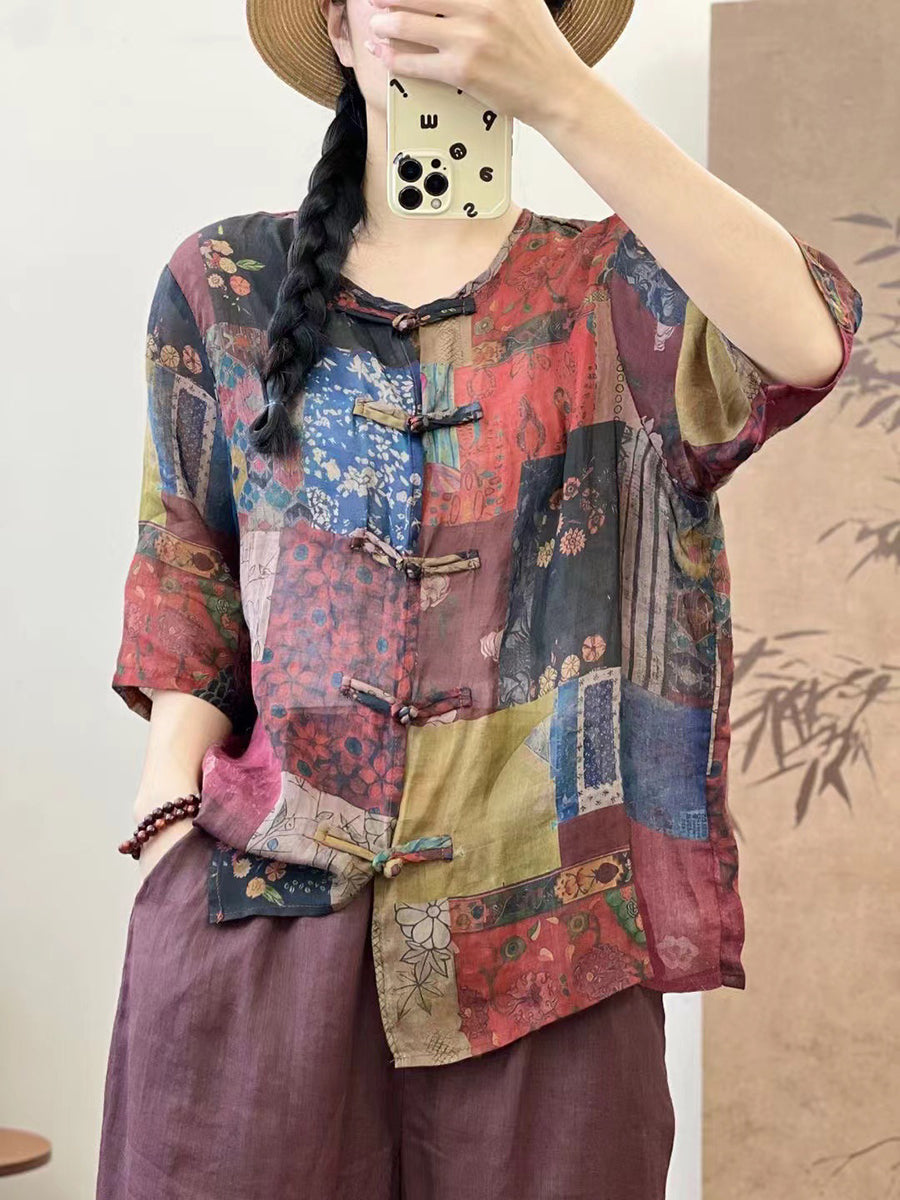 Women Vintage Summer Spliced Button-up Ramie Shirt XX1013