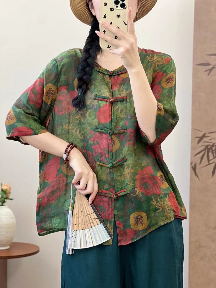 Women Vintage Summer Spliced Button-up Ramie Shirt XX1013