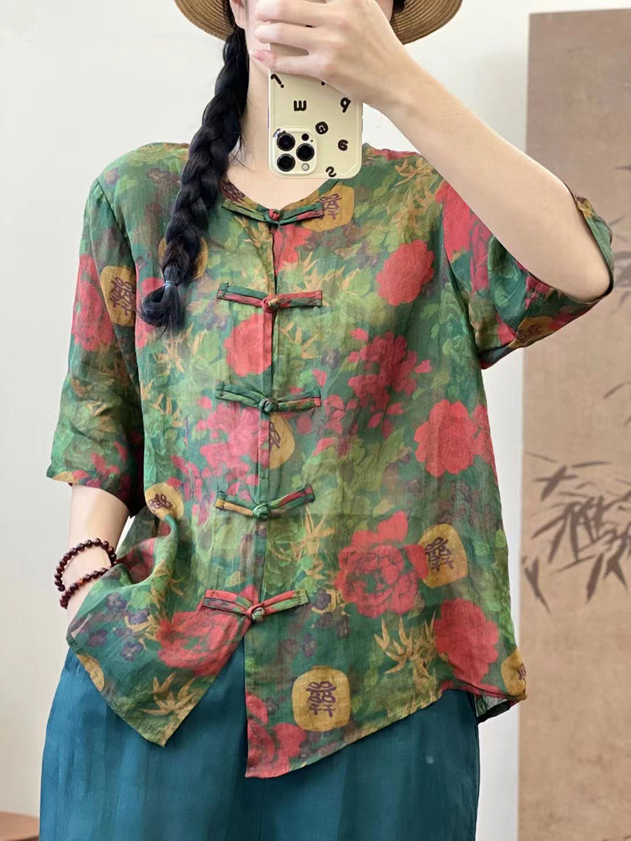 Women Vintage Summer Spliced Button-up Ramie Shirt XX1013