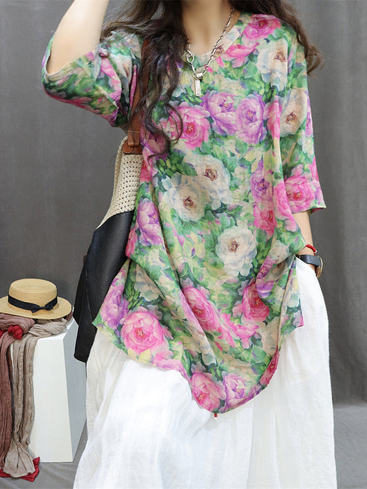 Women Summer Artsy Floral Ramie Loose Long Shirt XX1015