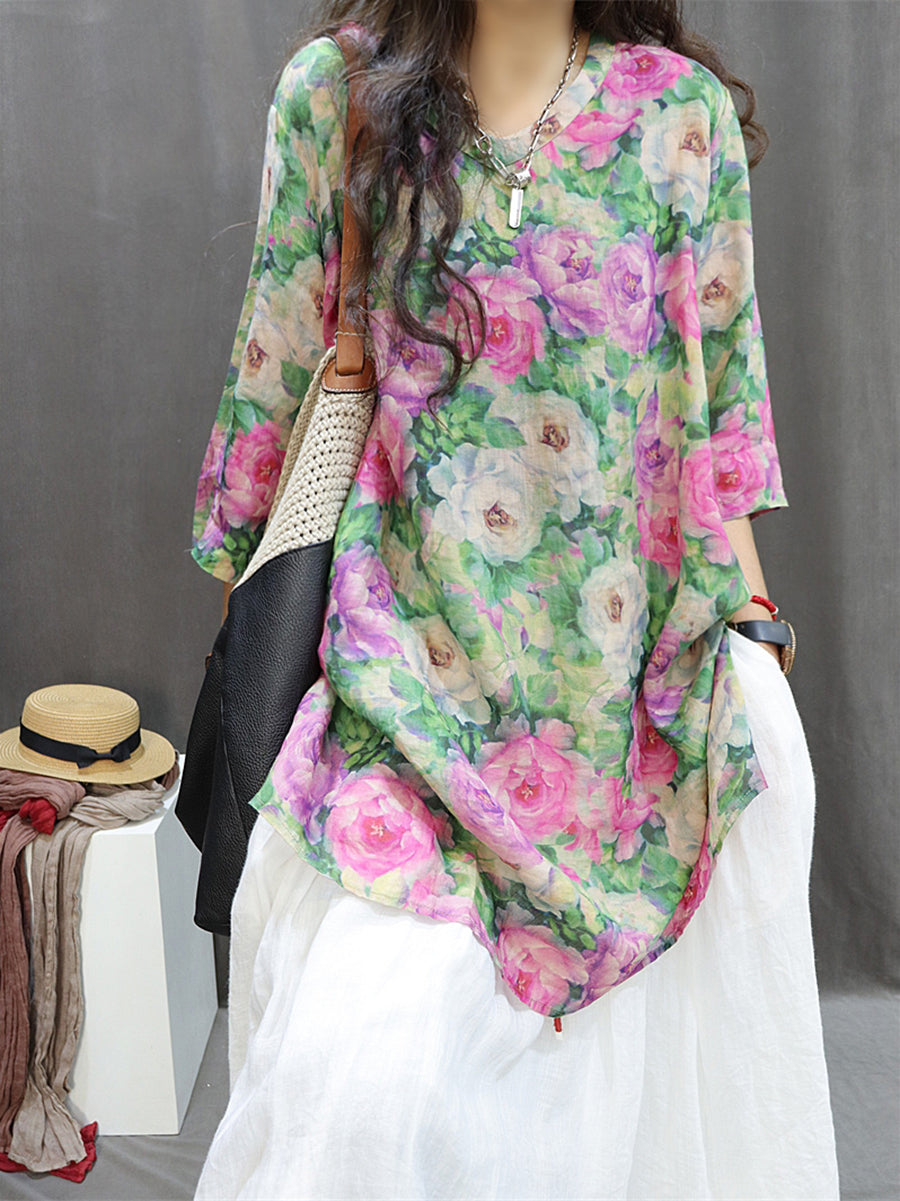 Women Summer Artsy Floral Ramie Loose Long Shirt XX1015