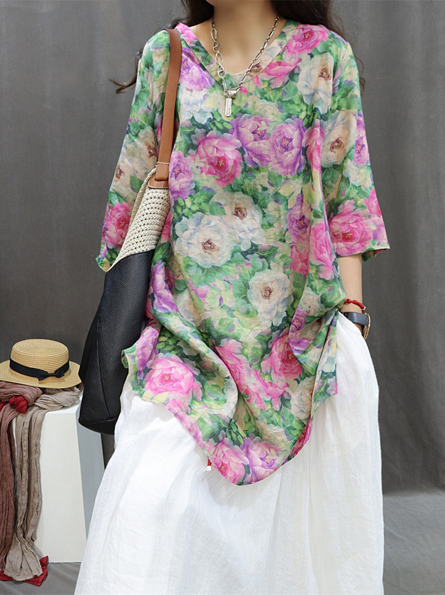 Women Summer Artsy Floral Ramie Loose Long Shirt XX1015