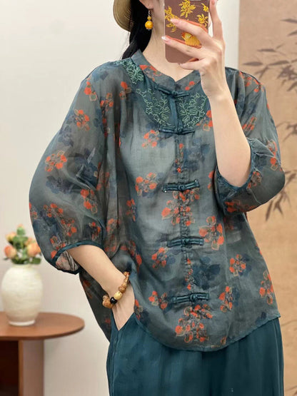 Chemise d'été en ramie à fleurs ethniques pour femmes XX1016