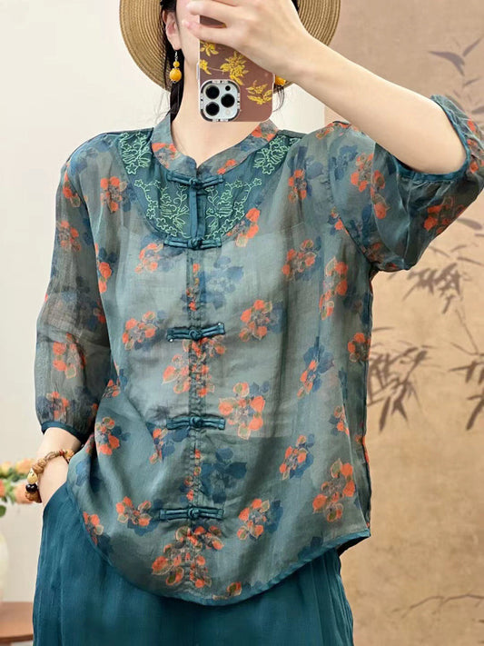 Women Summer Ethnic Flower Spliced Ramie Shirt XX1016