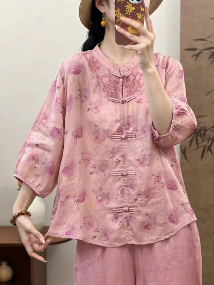 Chemise d'été en ramie à fleurs ethniques pour femmes XX1016