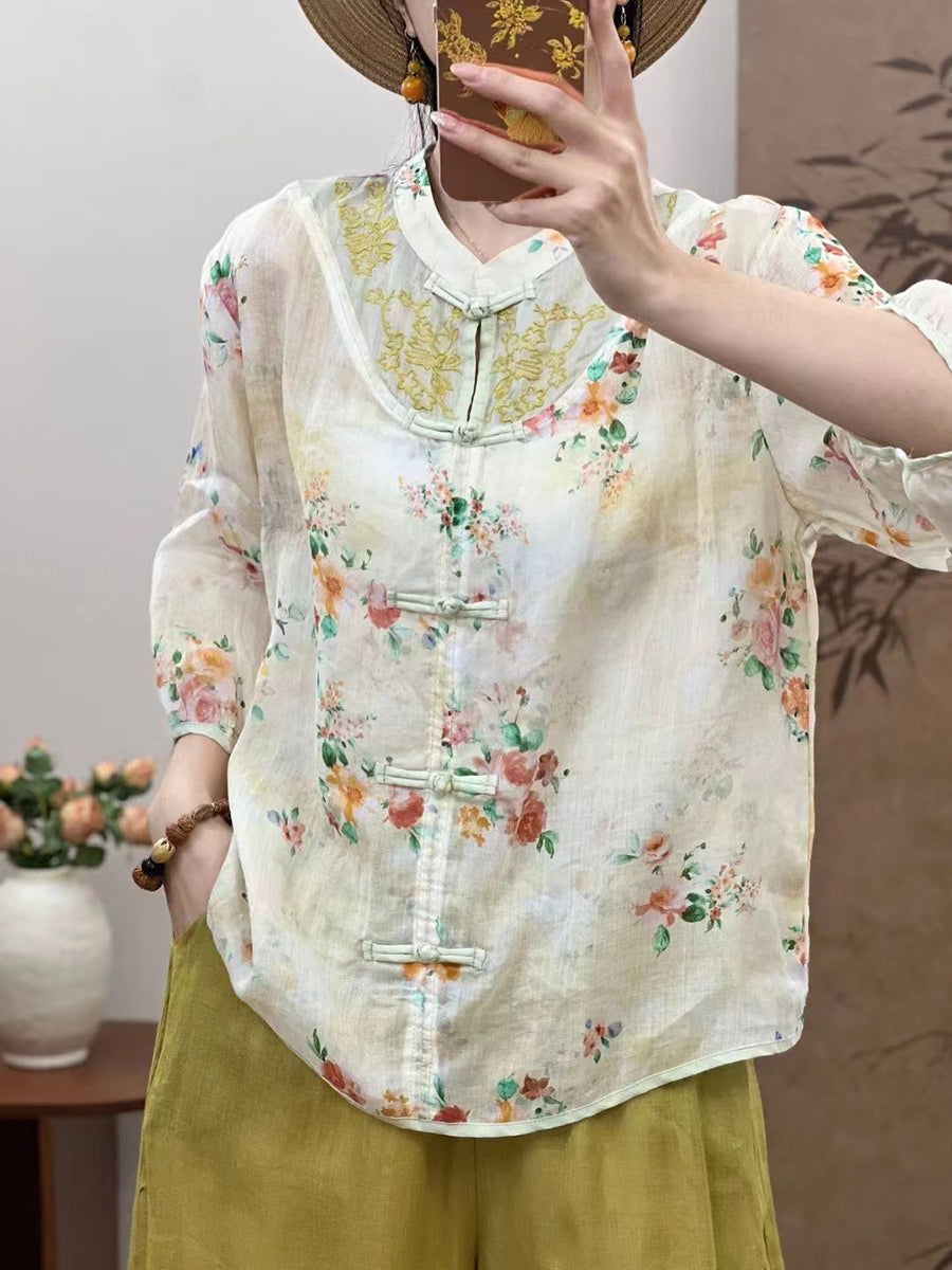 Women Summer Ethnic Flower Spliced Ramie Shirt XX1016