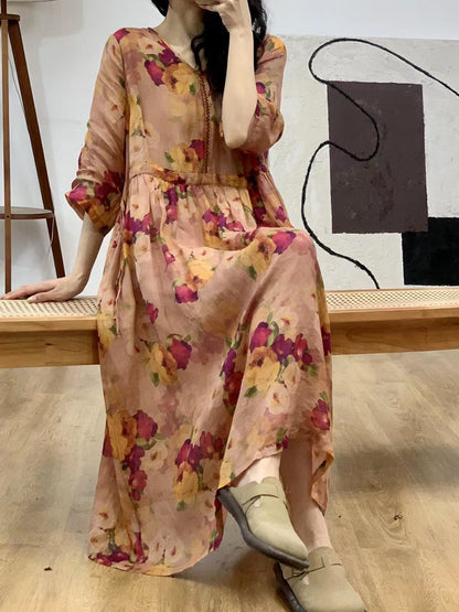 Robe d'été à col en V en ramie à fleurs vintage pour femme XX1028