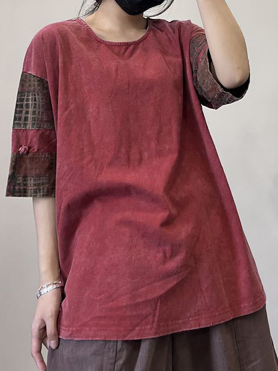 Women Retro Spliced Summer Loose O-Neck Shirt XX1031