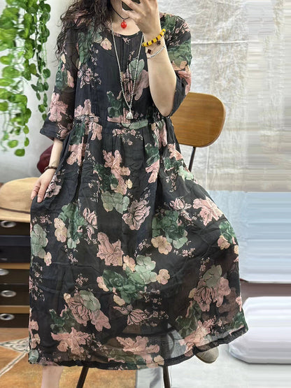 Robe d'été à bretelles florales en ramie pour femmes AA1001