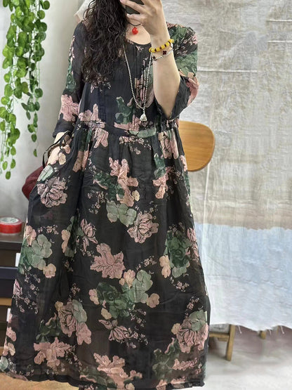 Robe d'été à bretelles florales en ramie pour femmes AA1001