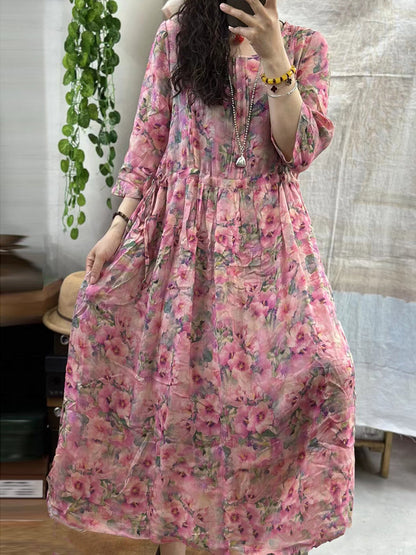 Robe d'été à bretelles florales en ramie pour femmes AA1001