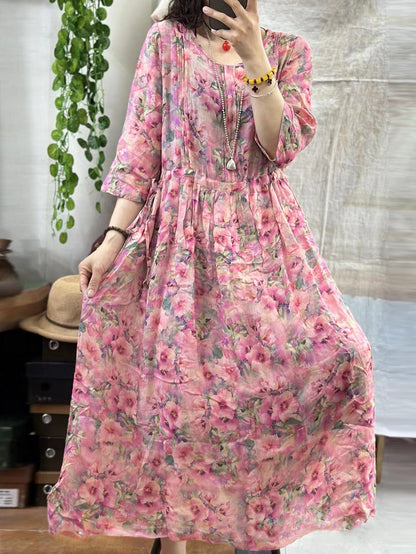 Robe d'été à bretelles florales en ramie pour femmes AA1001