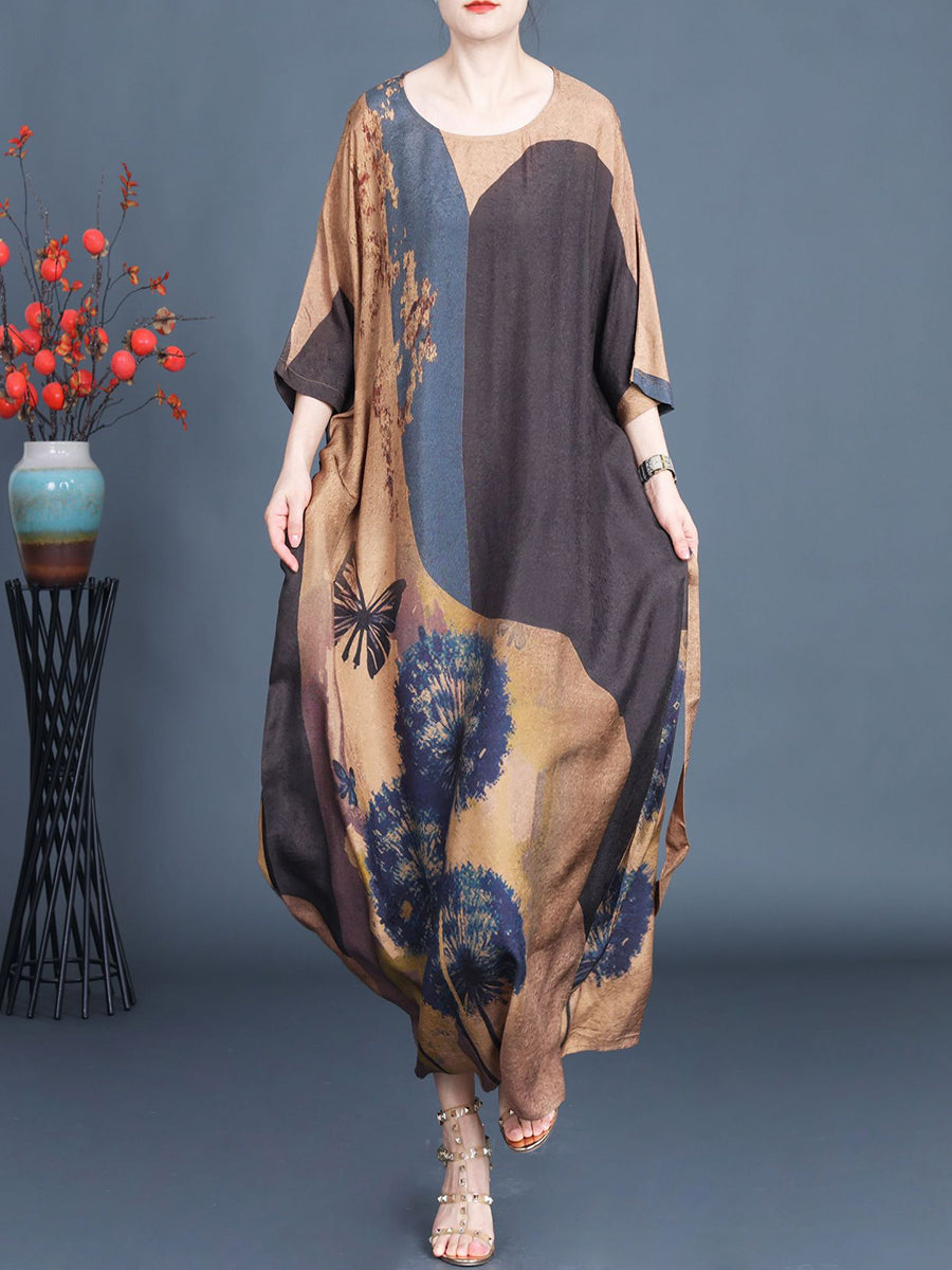 Women Artsy Flower Spliced Loose Maxi Dress AA1003