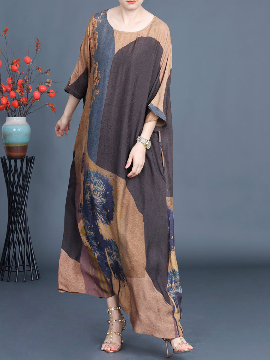 Women Artsy Flower Spliced Loose Maxi Dress AA1003