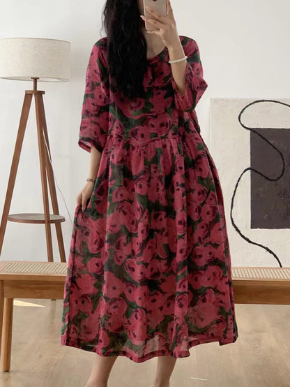 Robe d'été vintage en lin à boucle florale pour femme AA1007