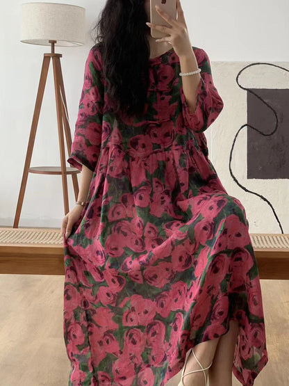 Robe d'été vintage en lin à boucle florale pour femme AA1007