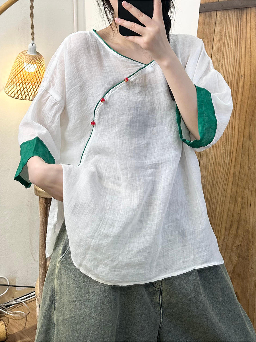 Women Summer Ethnic Colorblock Ramie Loose Shirt AA1009