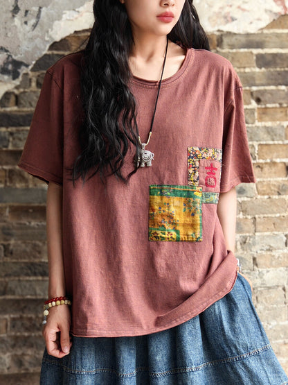 Women Vintage Patch Spliced Summer Cotton Shirt AA1011