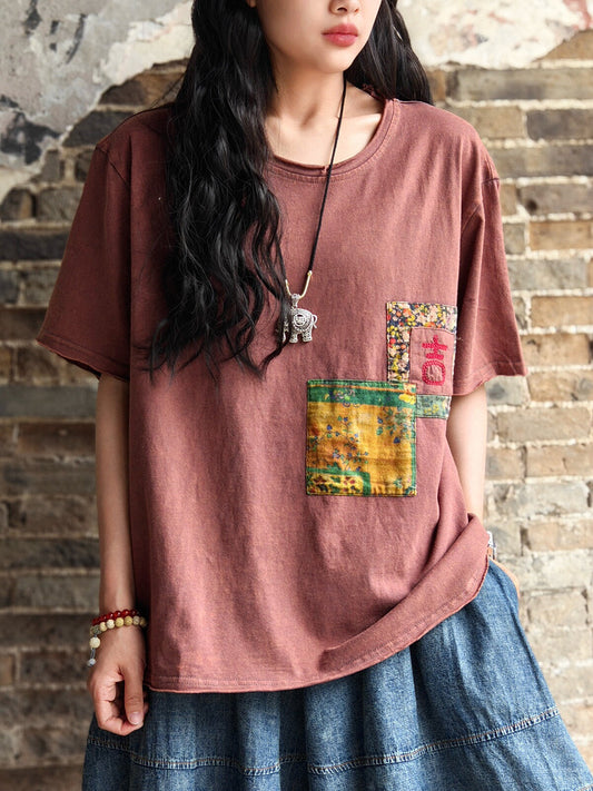 Women Vintage Patch Spliced Summer Cotton Shirt AA1011