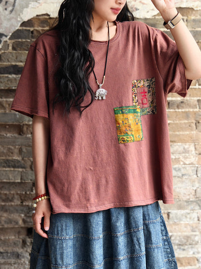 Women Vintage Patch Spliced Summer Cotton Shirt AA1011