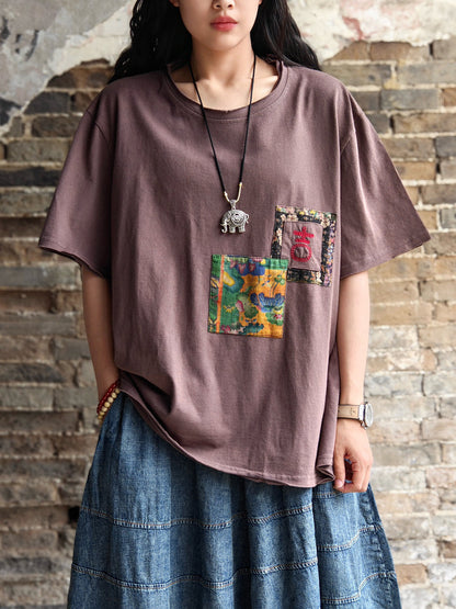 Women Vintage Patch Spliced Summer Cotton Shirt AA1011