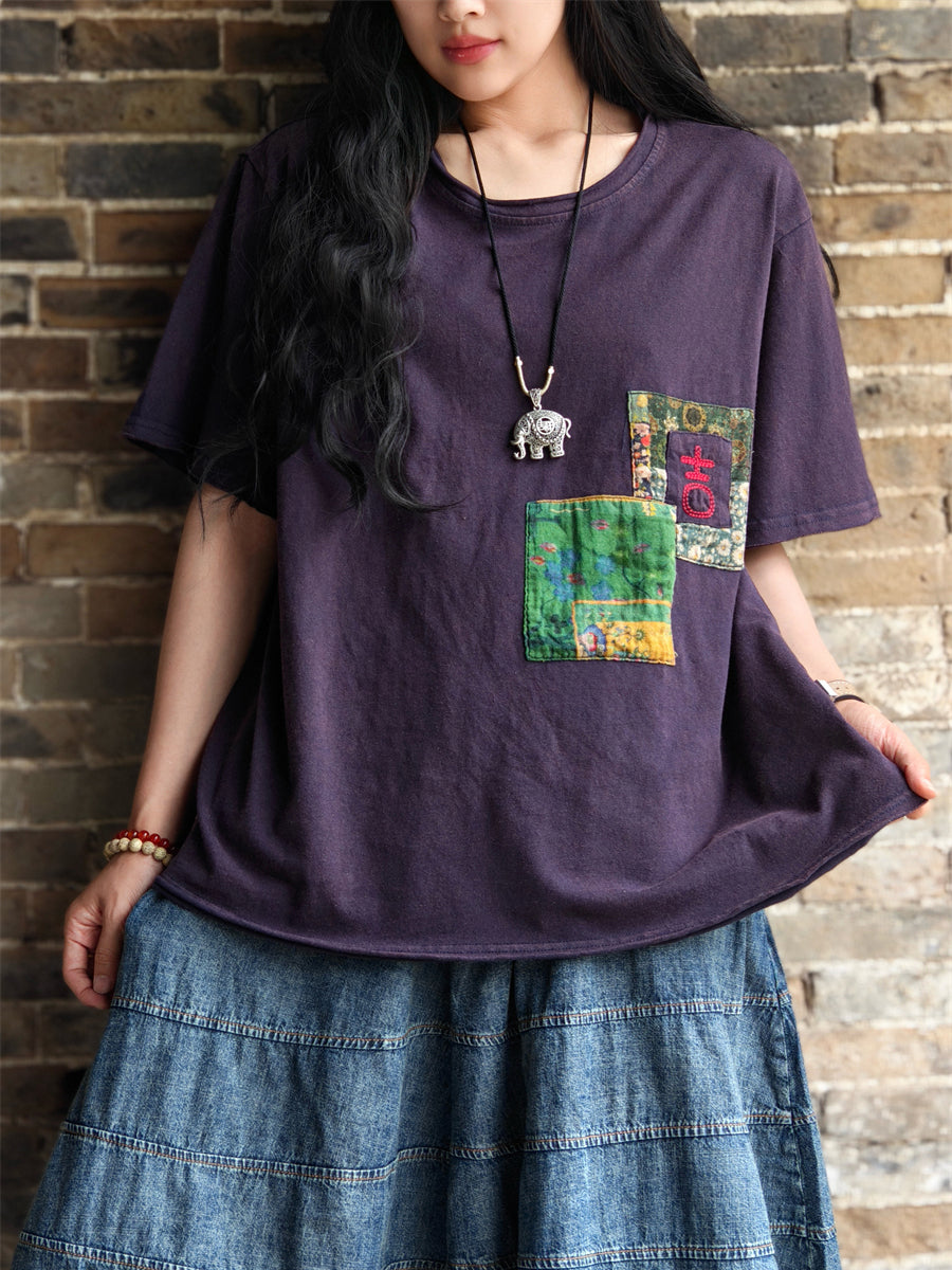 Women Vintage Patch Spliced Summer Cotton Shirt AA1011