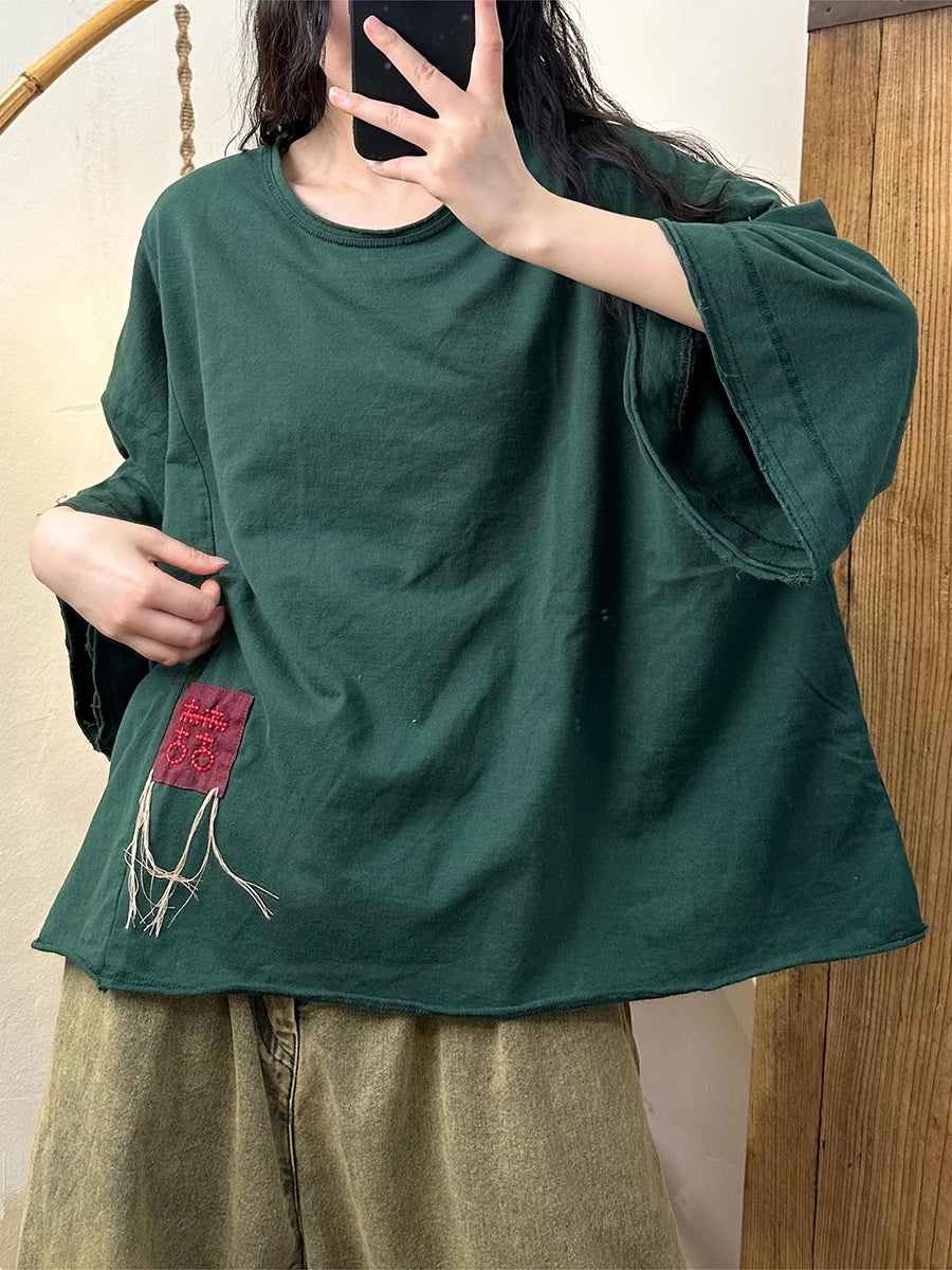 Women Vintage Patch Spliced Loose Cotton Shirt AA1018