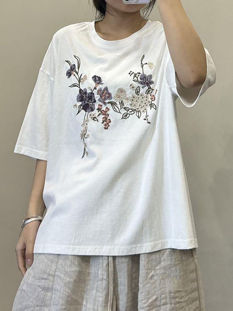 Women Summer Floral Embroidery Cotton Shirt AA1027