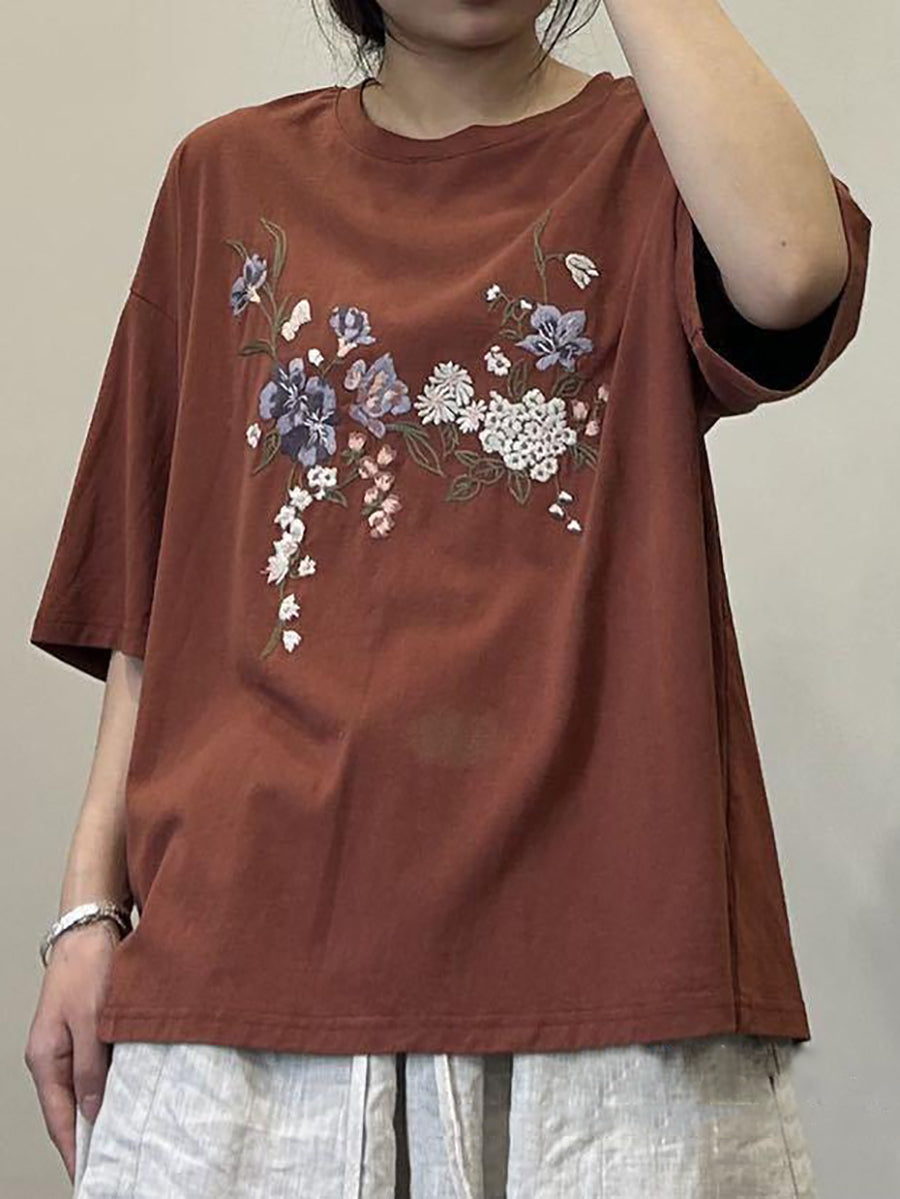 Women Summer Floral Embroidery Cotton Shirt AA1027