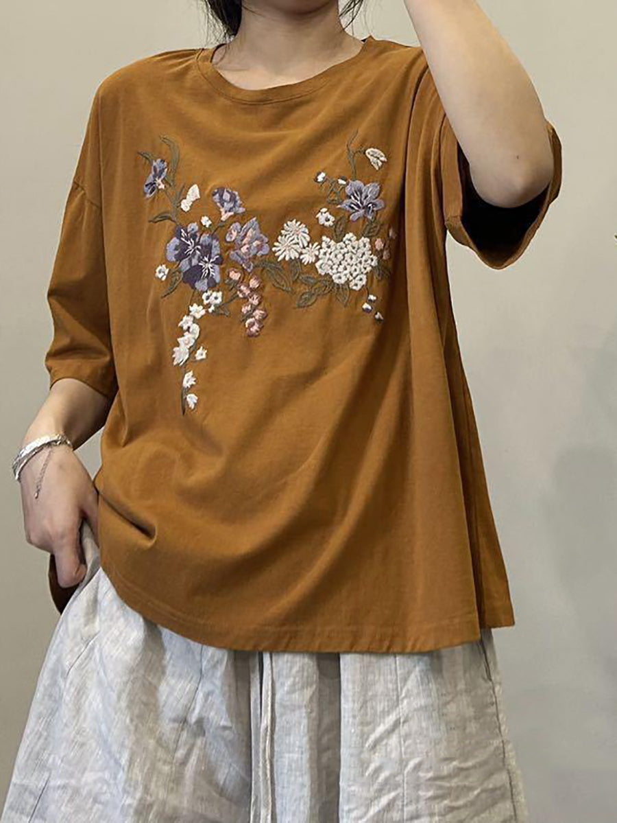 Women Summer Floral Embroidery Cotton Shirt AA1027