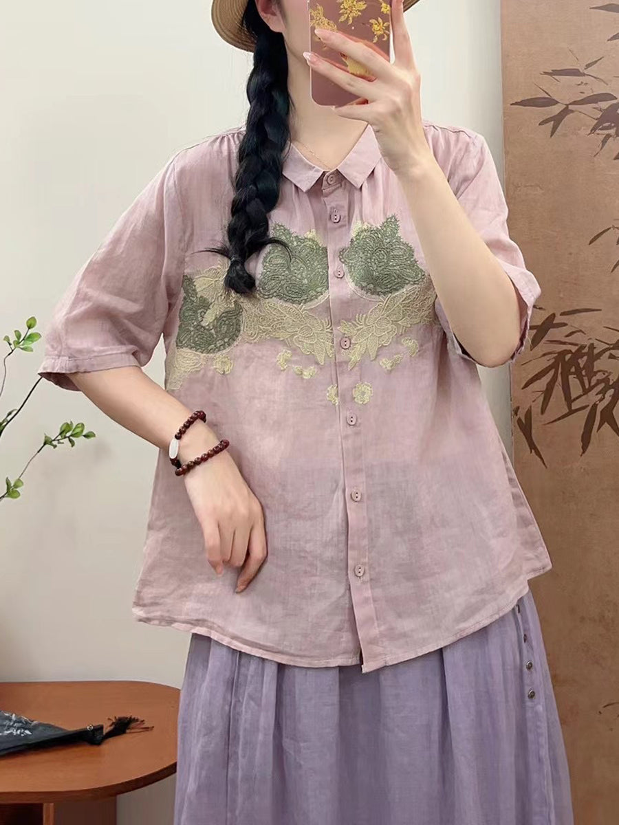 Women Summer Vintage Flower Embroidery Ramie Shirt AA1034