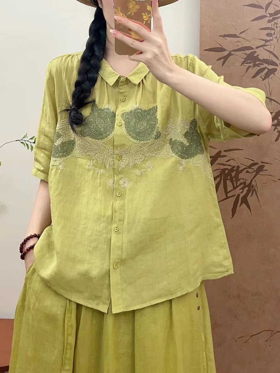 Women Summer Vintage Flower Embroidery Ramie Shirt AA1034