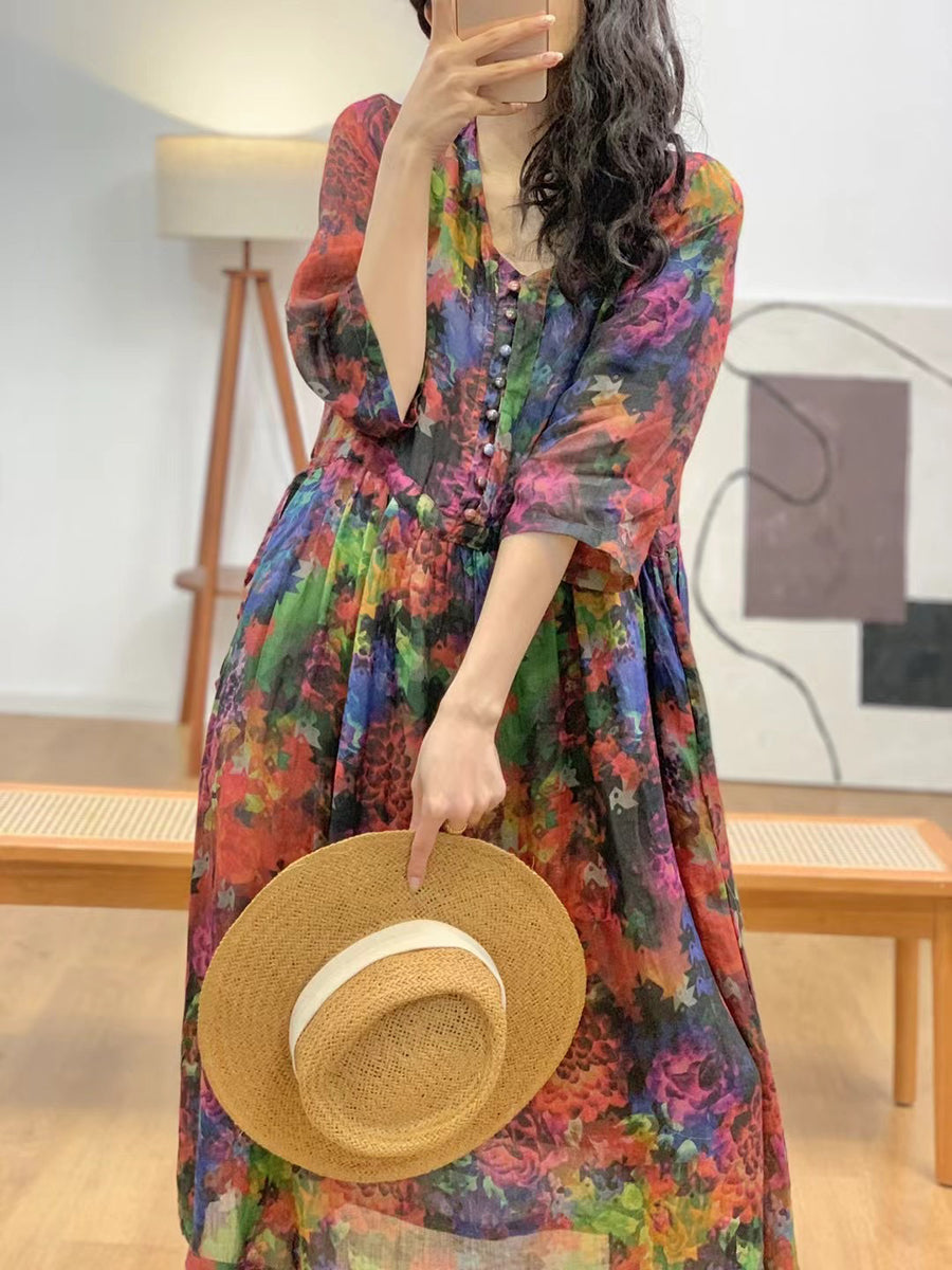 Women Artsy Floral Summer V-Neck Ramie Dress AA1036