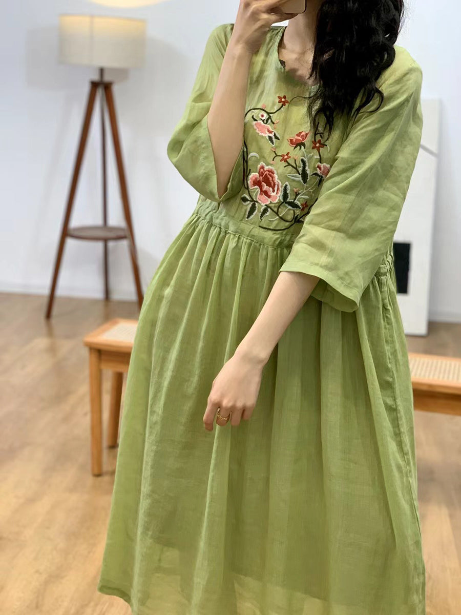 Women Summer Vintage Flower Embroidery Ramie Dress AA1044