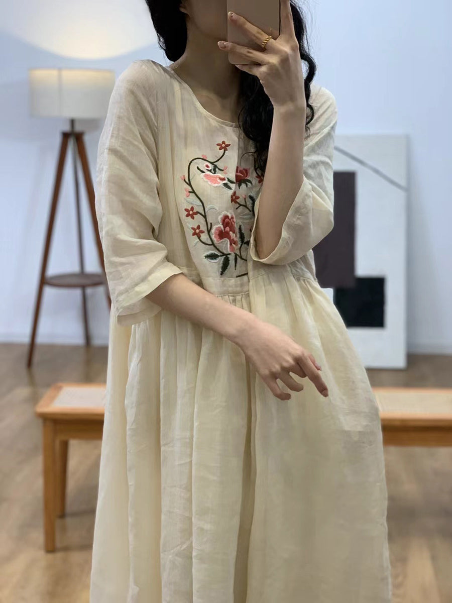 Women Summer Vintage Flower Embroidery Ramie Dress AA1044