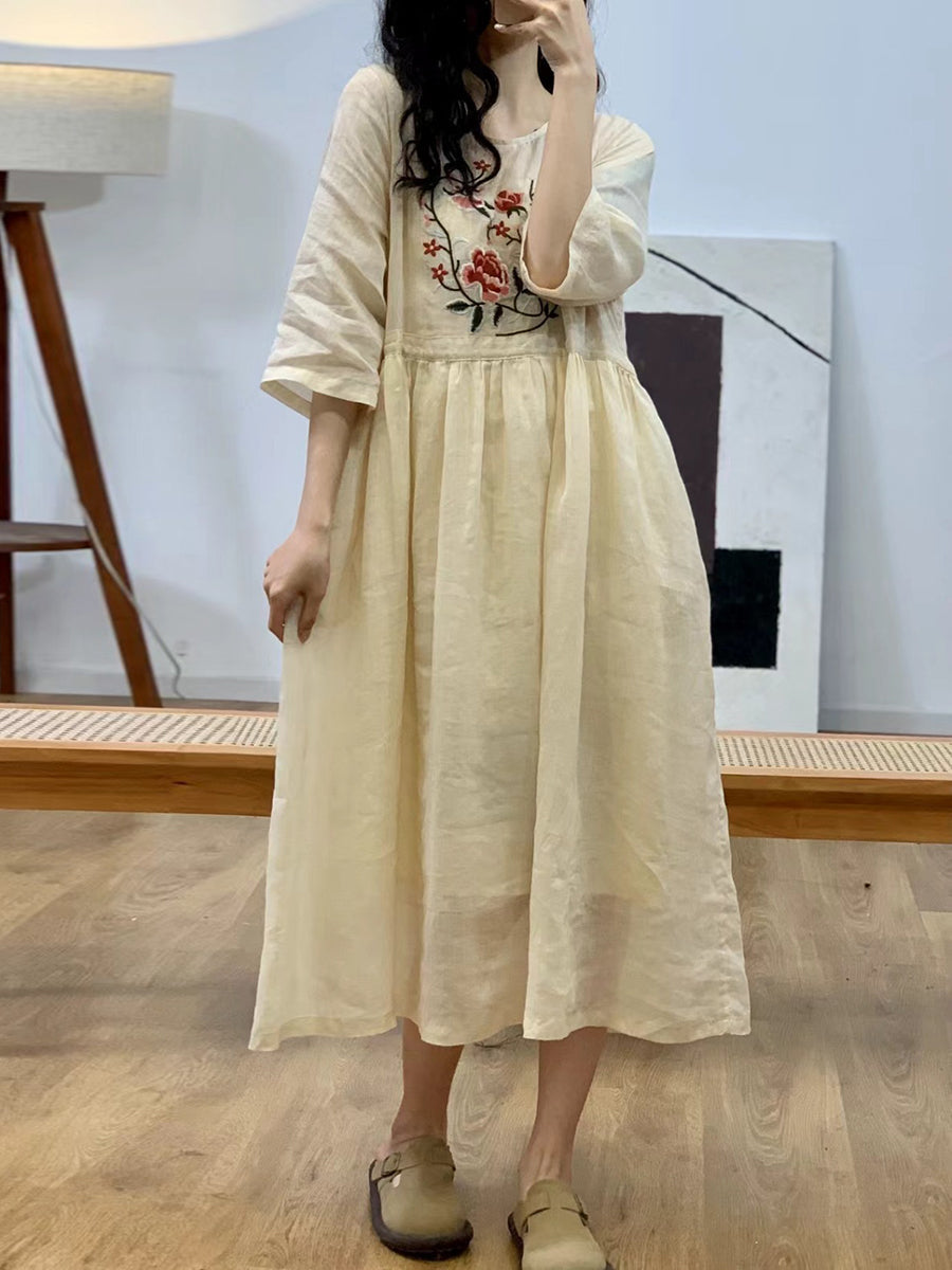 Women Summer Vintage Flower Embroidery Ramie Dress AA1044