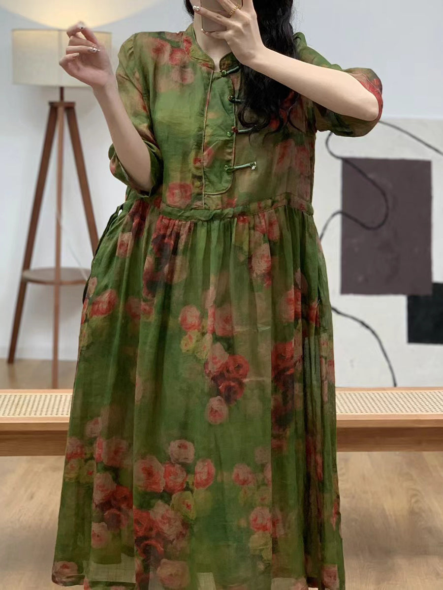 Women Summer Ethnic Flower Linen Strap Dress AA1045