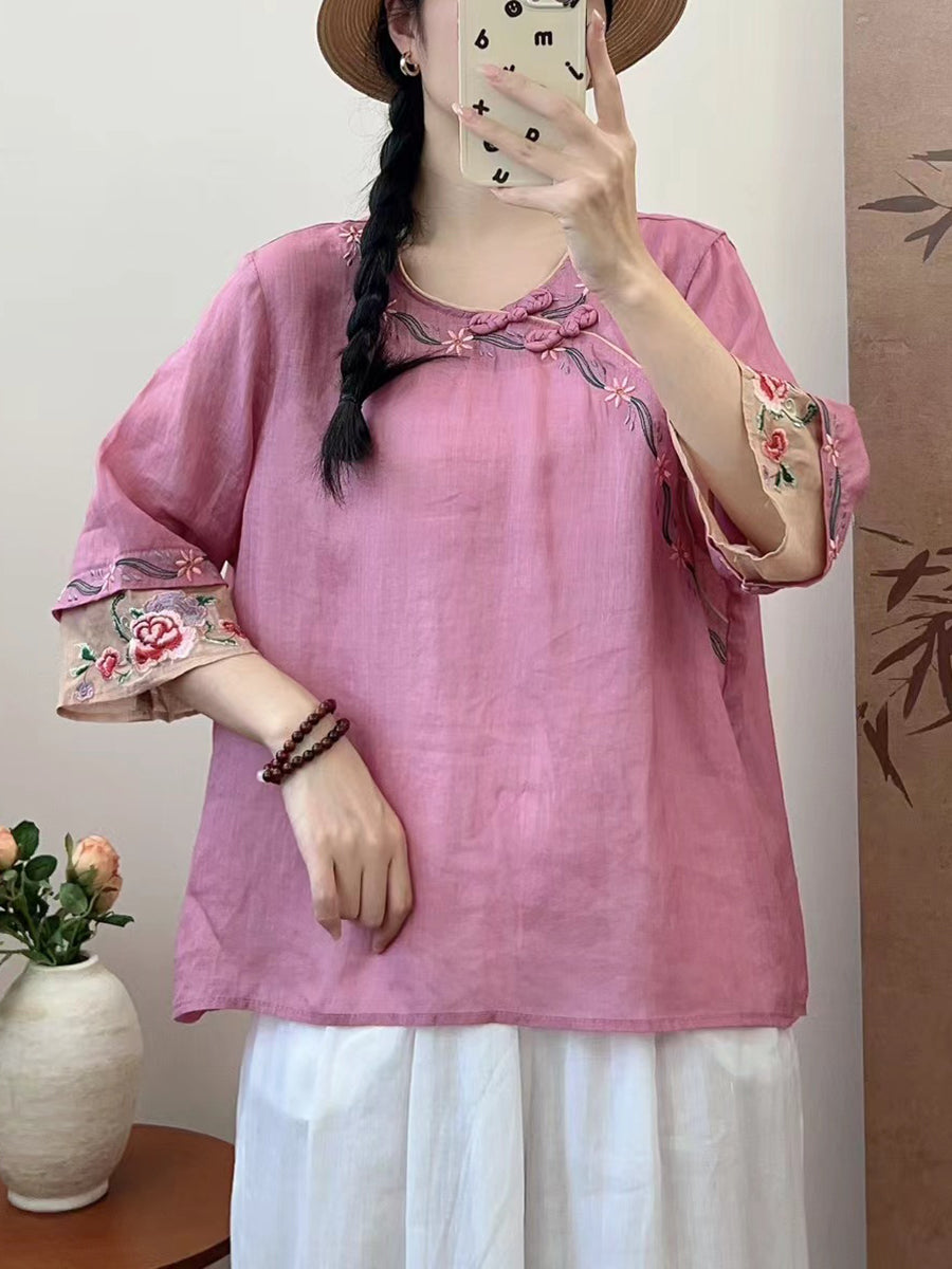 Women Summer Ethnic Embroidery Ramie Shirt QW1033